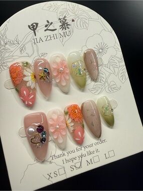 Pink & Green Floral Press-On Nail Set Small